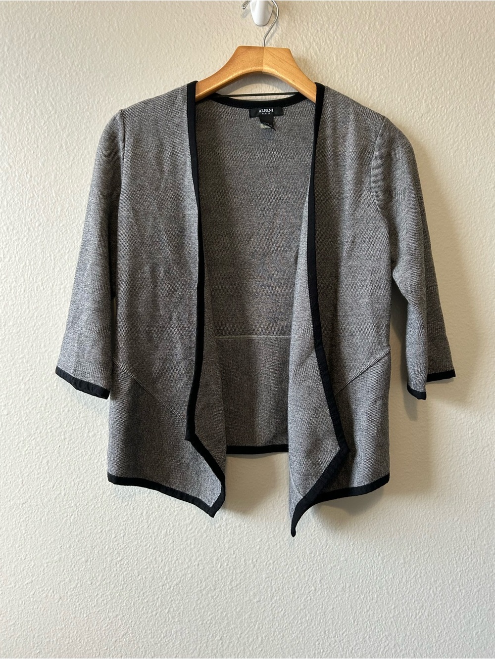 Alfani Gray Draped Open-Front Cardigan with Black Trim